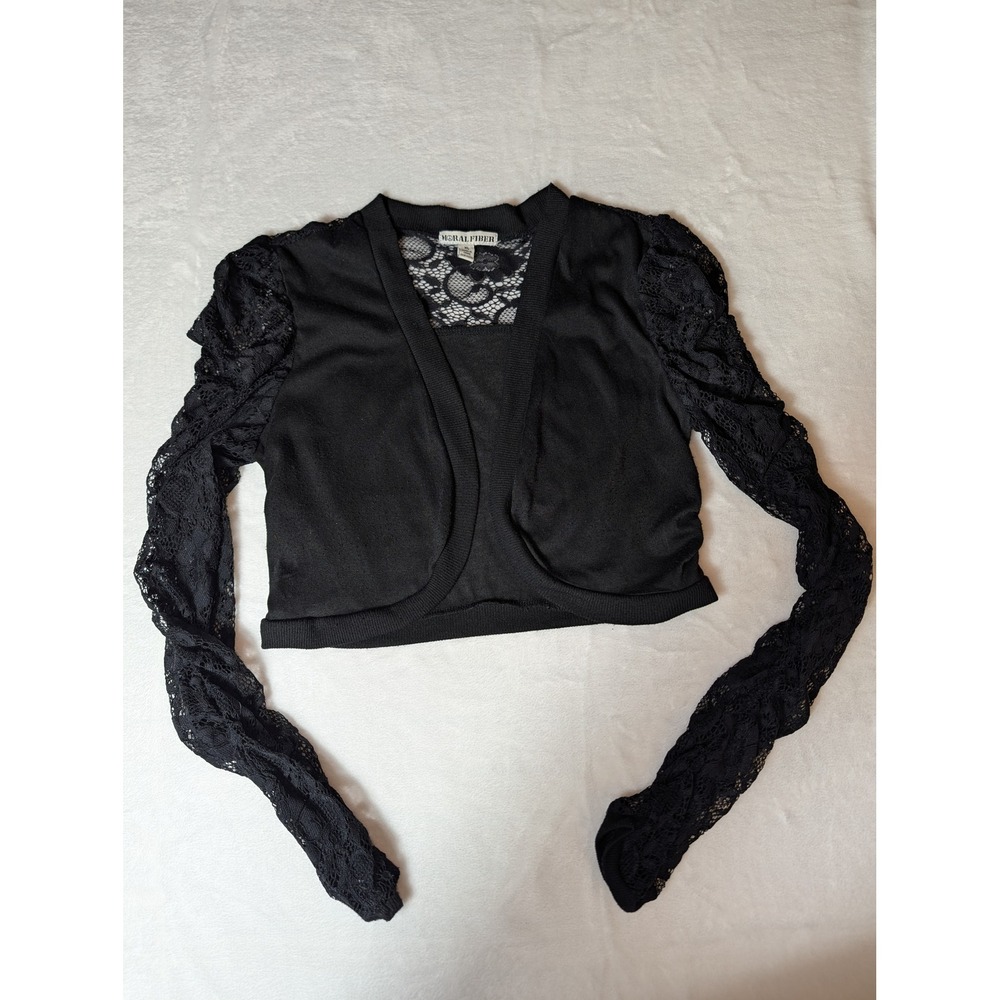 Black Ruched Lace Sleeve Cropped Bolero Cardigan Goth Romantic XL